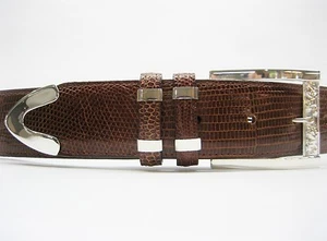 Sterling Silver buckle 2 loops & tip set w Lizard-1-1/2" belt size 26 to 46 USA. - Picture 1 of 8