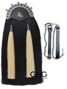 Men's Scottish Antique Lion Badge Black Horse Hair Sporran Two White Tassel - Picture 1 of 1