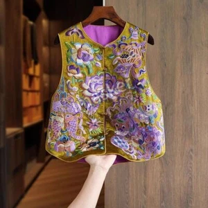 Women Chinese Waistcoat Retro Flower Embroidered Vest Sleeveless Coat Jacket Top - Picture 1 of 20