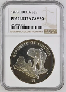 1973 Liberia 5 Dollars Silver Proof Elephant NGC PF66 Ultra Cameo - Picture 1 of 2