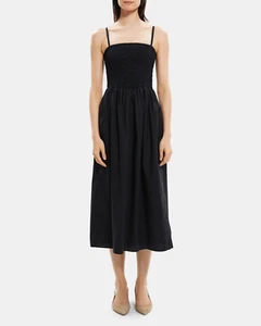 NEW Theory City Smocked Stretch Poplin Midi Sundress BLACK SIZE M/100%AUTHENTIC - Picture 1 of 3