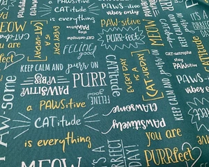WINDHAM - PURRFECT DAY #52373-4 WORDS - TEAL BY WHIMSICALS-- BY THE YARD - Picture 1 of 2