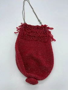 Vintage Drawstring Red Beaded Flapper Purse Bag - Picture 1 of 9