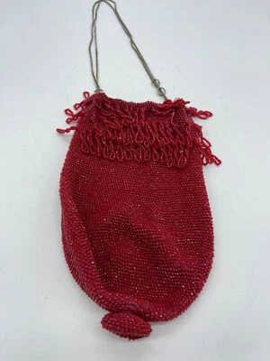 Vintage Drawstring Red Beaded Flapper Purse Bag - Image 1 of 4