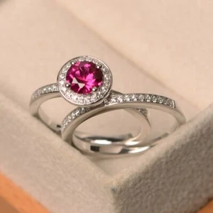 Pink Ruby Stack Ring Round Lab Created Gemstone 925 Sterling Silver Women Ring - Picture 1 of 5