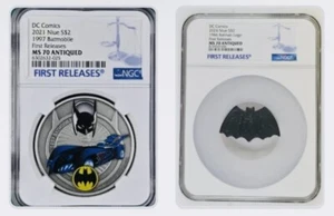 2 Coins 2021 Niue 1oz DC Comics 1997 Batmobile & ‘24 1966 Logo NGC MS70 Antiqued - Picture 1 of 7