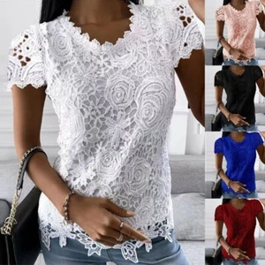 Plus Size 6-20 Womens Lace Floral Blouse Tops Ladies Summer Short Sleeve T Shirt - Picture 1 of 17