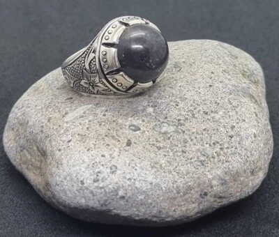 Yemeni Iolite Full Fire Etched Floral Ring Sterling Silver 925 Handmade 9.75 - Image 1 of 4
