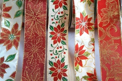 Cinta con cable 5 yardas roja de flor de pascua 2 1/2" Navidad invierno 5 yardas elegir Foto 1 de 2