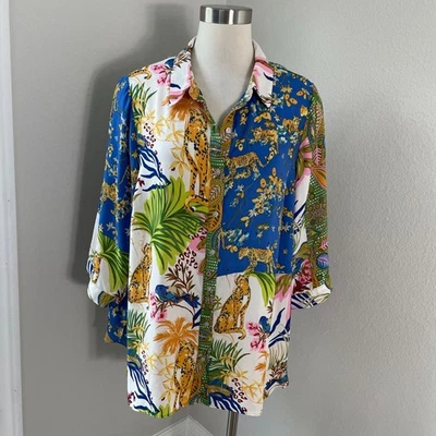 Rose + Olive 女式 Plus 1X 热带豹纹动物印花纽扣衬衫衬衫 — 第 1/4 张图片