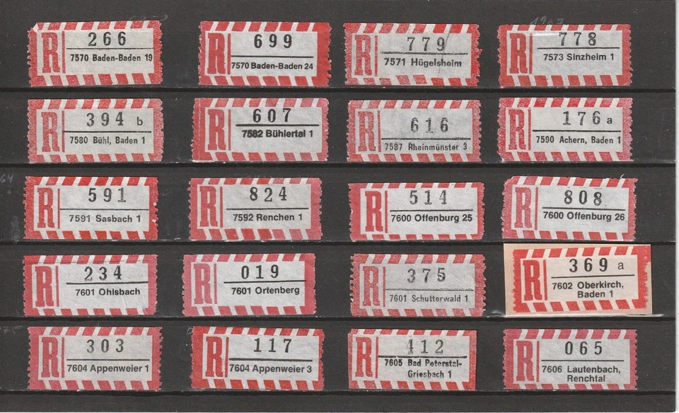 20 R-Zettel BRD, versch. Postämter, 7570 Baden-Baden 19 bis 7606 Lautenbach - Bild 1 von 1
