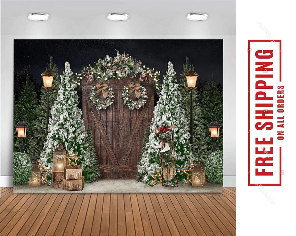 Telón de fondo de fotografía de Navidad de 7x5 pies fondo de puerta de madera rústica de invierno con... Foto 1 de 4