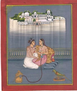 Beautiful Love Scene of King & Queen Miniature PaintingWith Fort 6.5x7.5 Inches - Picture 1 of 6