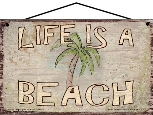 Vintage Style Sign Life is a Beach with Palm Tree Image Tropical Vacation Relax - Image 1 of 1