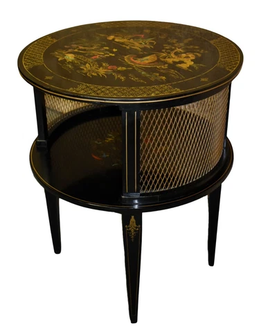 Vintage Regency Style Round Two Tier Table w/Chinoiserie Painted Designs Cover