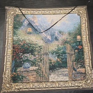 Thomas Kinkade Tapestry Wall Hanging Hidden Cottage Garden gate 26" No Rod - Picture 1 of 8