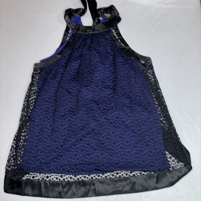 Nicole Miller Negro Encaje/Forro Azul Halter Top Corbata Atrás Talla Mediana Foto 1 de 4