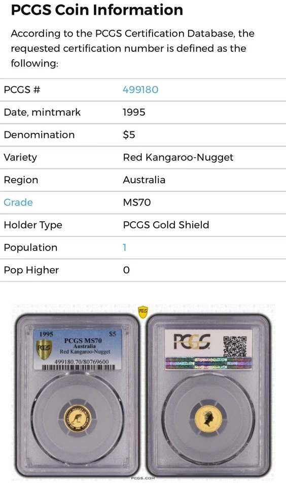 1995 $5 Australia 1/20 Oz Gold Bullion Nugget / Red Kangaroo Coin • MS70 POP 1 - Image 1 of 3