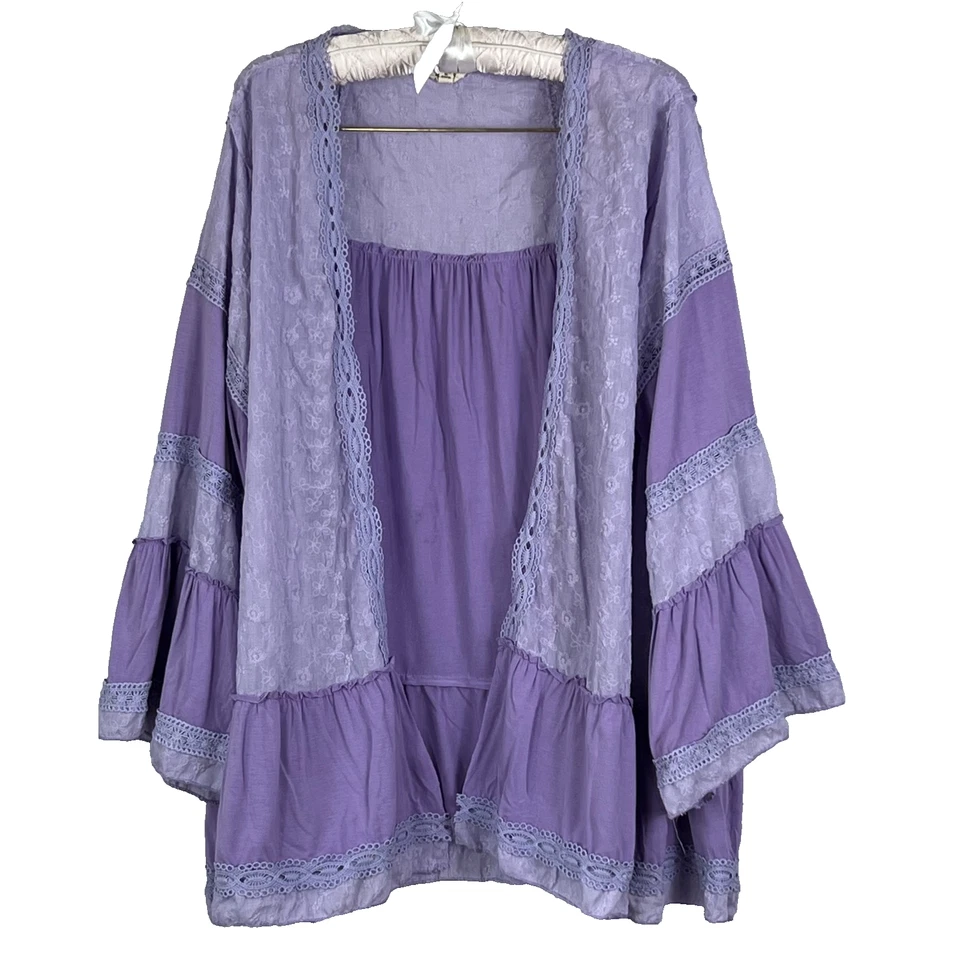 Pol Kimono Cardigan Women's L Purple Boho Lace Embroidered Color Block - Image 1 of 4