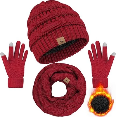 Lorome Rojo Cálido Polar Tejido Gorro Sombrero Pantalla Táctil Guantes Cuello Bufanda Conjunto Foto 1 de 4