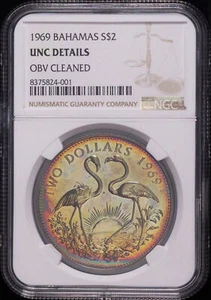 Bahamas 1969 $2 plata dos flamencos KM#9 NGC UNC detalle obv. Limpio - Tonificado! - Imagen 1 de 2