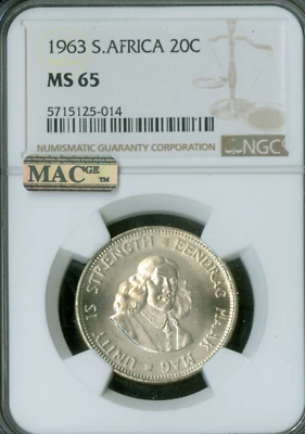 1965 SILVE SOUTH AFRICA SILVER 20 CENTS NGC MS65 MAC SPOTLESS . - Image 1 of 2