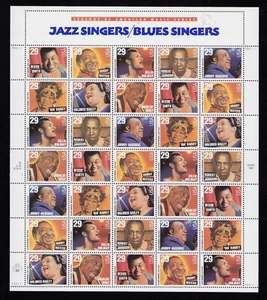 Hoja de 35 estampillas de 29¢ de cantantes de blues y jazz 2854-2861 MNH - Imagen 1 de 4