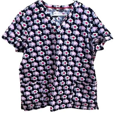 White Cross Medical Scrub Top Womens XL Sheep and Hearts - Image 1 of 4