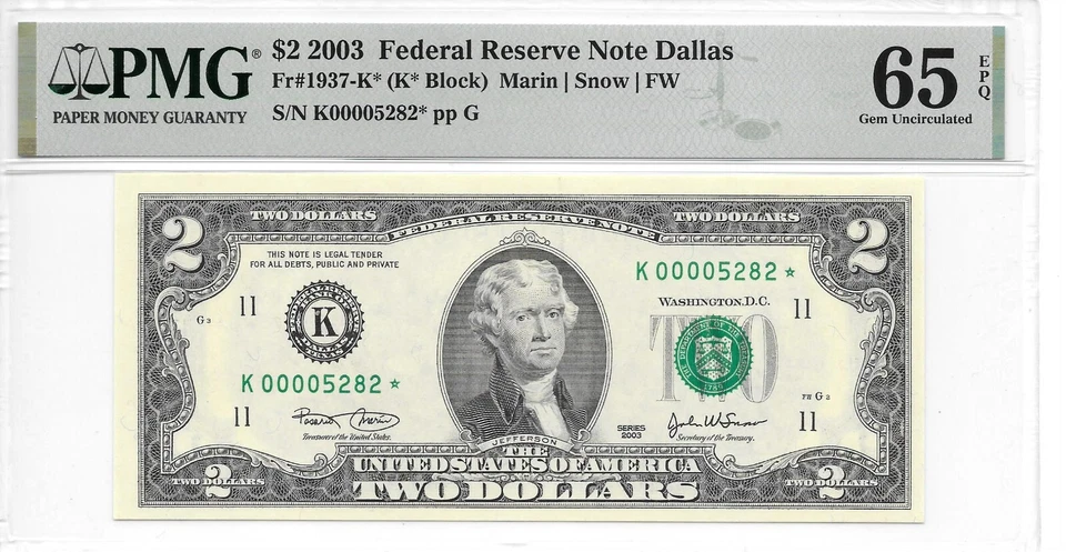 2003* $2 FRN Dallas* (K* Block) PMG 65 EPQ GEM UNC. (only 16,000 printed) - Image 1 of 4