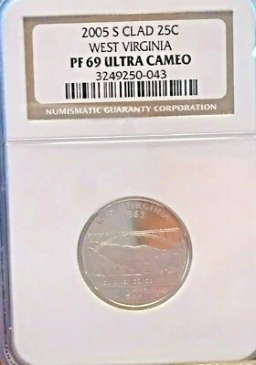 2005 S 25c WEST VIRGINA CLAD NGC Brown Label NGC PF69 ULTRA CAMEO PROOF - Image 1 of 2