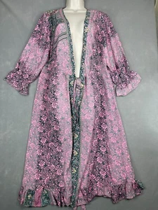 Karma Highway Robe Womens Black Pink Floral Kaftan Open Front Ruffled Hem OS NWT - Picture 1 of 14