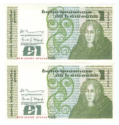 2x Central Bank of Ireland 1981 £1 One Pound Banknotes C.H. Murray T.F O'Cofaigh - Image 1 of 2