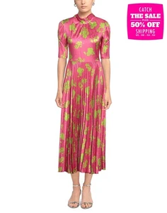 CLOSET Satin Midi Dress UK16 US12 IT48 2XL Floral Pleated Bow Tie Neck - Picture 1 of 5