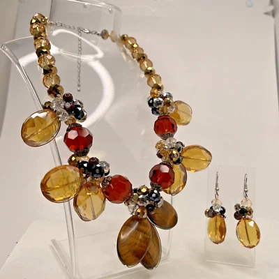 Chunky Necklace Faux Tigers Eye Amber Taupe  Color Acrylic Beaded 16"-18" - Image 1 of 4