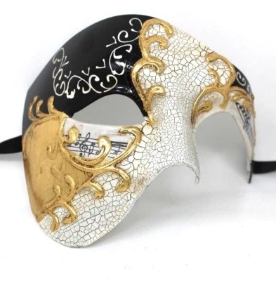QUALITY BLACK & GOLD HALF FACE PHANTOM MUSICAL NOTES MASQUERADE MASK  - Image 1 of 4