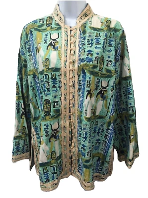 1970's Nehru Aqua Blue Egypt Hieroglyphic Novelty Print Button Cotton Tunic M/L - Image 1 of 4