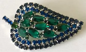 Spilla spilla 3D vintage bicolore blu e verde marchesa foglia strass fronda anello - Foto 1 di 5