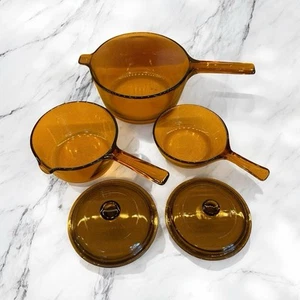 VISION WARE Corning PYREX Amber GLASS Cookware Pot SET 5 pcs .5L, 1L,  1.5L USA - Picture 1 of 14
