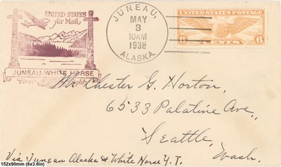 1938 Alaska First Flight Cover Juneau to White Horse Yukon Backstamp FAM Route - Image 1 of 3