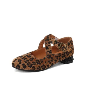 Lepord Print Retro Brogue Women's Kitten Heel Cross Strap Mary Jane Shoes Pumps  - Picture 1 of 8