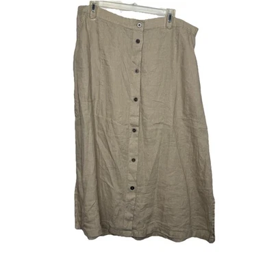 Gudrun Sjoden Beige Brown Button Front 100% Linen Midi Skirt Pockets Size XL - Image 1 of 4