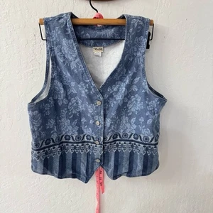 Vintage Vivaldi Denim Vest Boho Cottagecore Chic Floral Large Made in USA - Picture 1 of 8