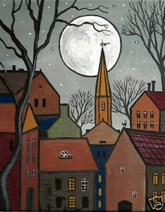 PRINT OF PAINTING 8x10 RYTA HOUSE FOLK ART BLACK CAT Halloween moon landscape 🌗 - Picture 1 of 1