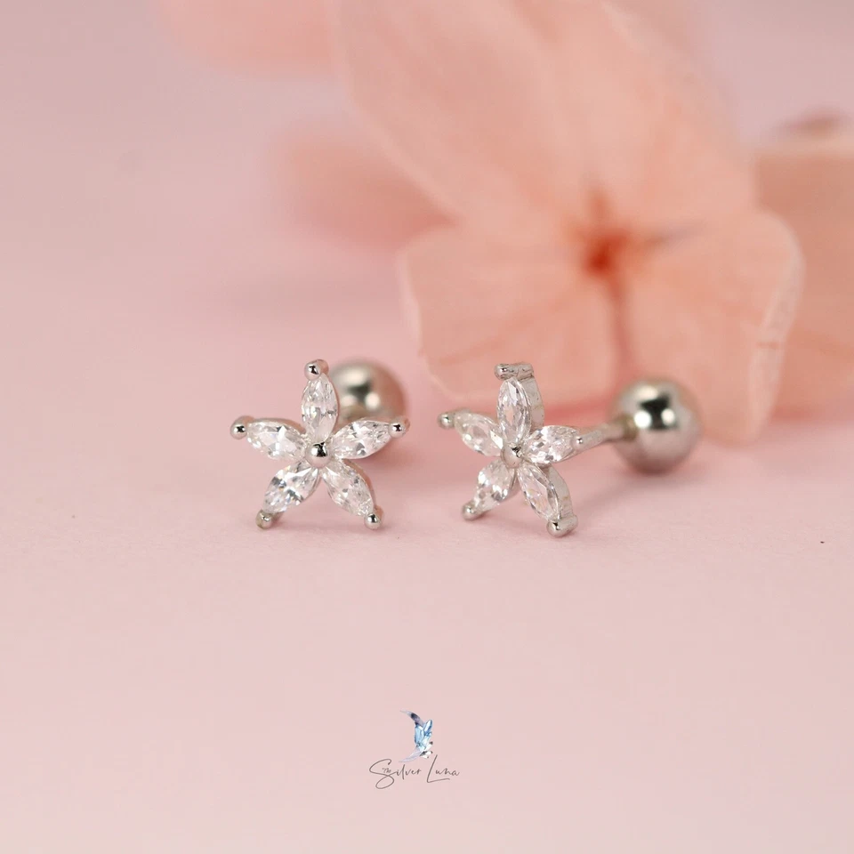 Pendientes de plata de ley 925 circonita cúbica flor tornillo bola trasero Foto 1 de 2