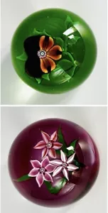 2 x 1979 John Deacons, Bouquet on Ruby Base & Pansy on Green Base Paperweights - Picture 1 of 8