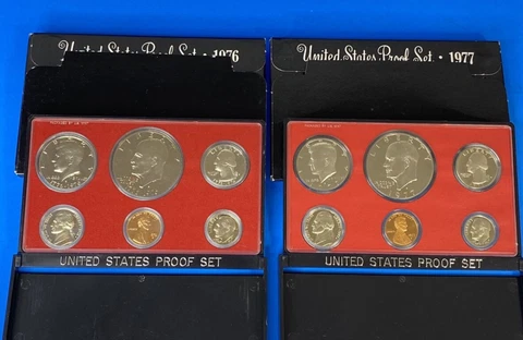 Lot of 2, 1976 & 1977 Proof Set US Mint 6 coin sets OGP, C, inc case Cover