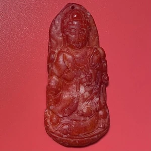 Chinese Old Amulet, Natural Red Jade Stone Pendant Guanyin Kwan Yin. - Picture 1 of 6
