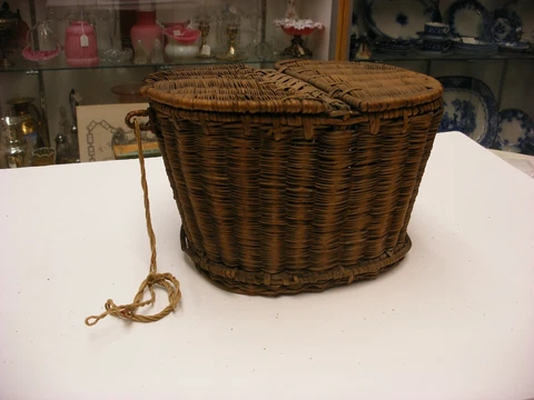 Antique Vtg Sewing Notions - Primitive Victorian Era Wicker Sewing Basket Cover