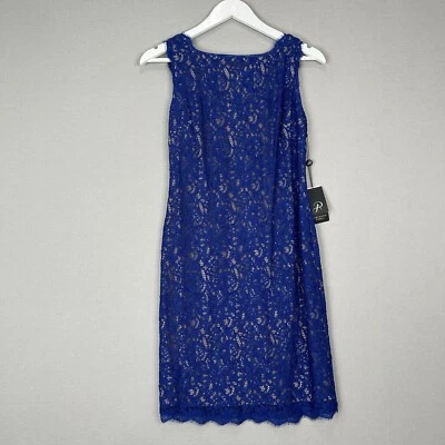 Adrianna Papell Womens Dress 4 Blue Lace Overlay Sheath Evening Modest Elegant - Image 1 of 4