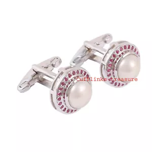 Natural Ruby & Pearl Gemstones with 925 Sterling Silver Cufflinks For Men's #578 - Picture 1 of 3